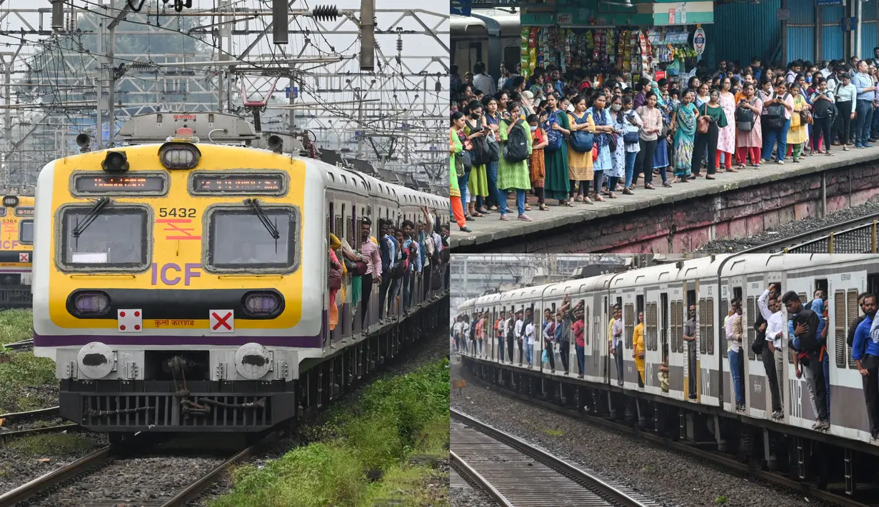 Foto kolase memperlihatkan kondisi transportasi kereta di Mumbai, India, Kamis (8/9/2022). Transportasi rel umumnya digunakan untuk transportasi jarak jauh di India. (Indranil MUKHERJEE/AFP)