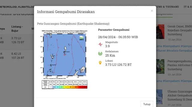 Di akhir pekan, Minggu (28/4/2024) Indonesia kembali digetarkan lindu. Hingga pukul 19.30 WIB, hanya ada satu kali gempa hari ini terjadi di Bumi Pertiwi. (www.bmkg.go.id)