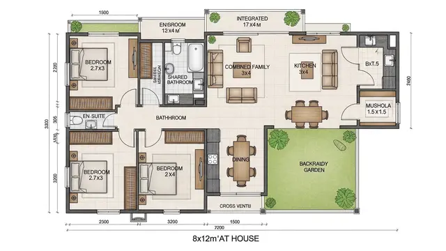 Denah Desain Rumah 8x12 dengan 3 Kamar dan Mushola