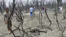 Warga menyaksikan bangkai hewan yang mati di El Kala, di wilayah El Tarf, dekat perbatasan utara Aljazair-Tunisia, Kamis (18/8/2022). Kebakaran yang melanda di hutan Aljazair timur telah menewaskan sedikitnya 26 orang, menurut untuk "laporan sementara" oleh menteri dalam negeri negara Afrika utara itu. (AP Photo/Mohamed Ali)