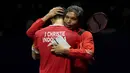 Kemenangan itu membawa Jonatan Christie dkk. bakal tampil di final Piala Thomas 2024, bersamaan dengan tim putri yang akan tampil di final Piala Uber 2024. (AP Photo/Ng Han Guan)