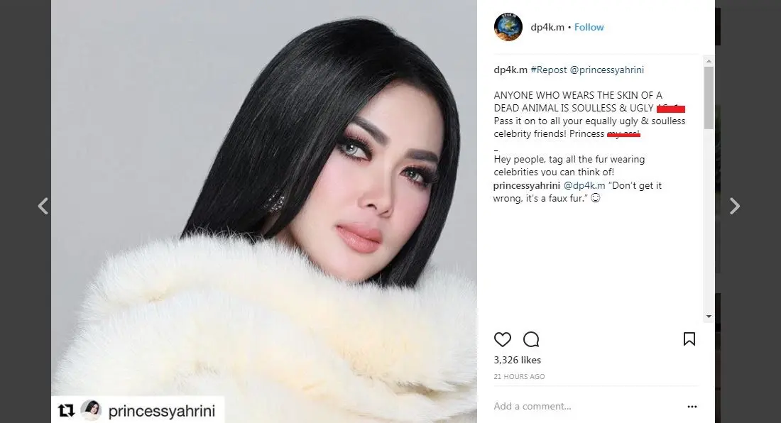 Jawaban Syahrini setelah dikecam akun pecinta hewan. [foto: instagram/dp4k.m]