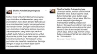 Permintaan maaf dan janji Shafira Nabila. Foto: Screenshoot Facebook.
