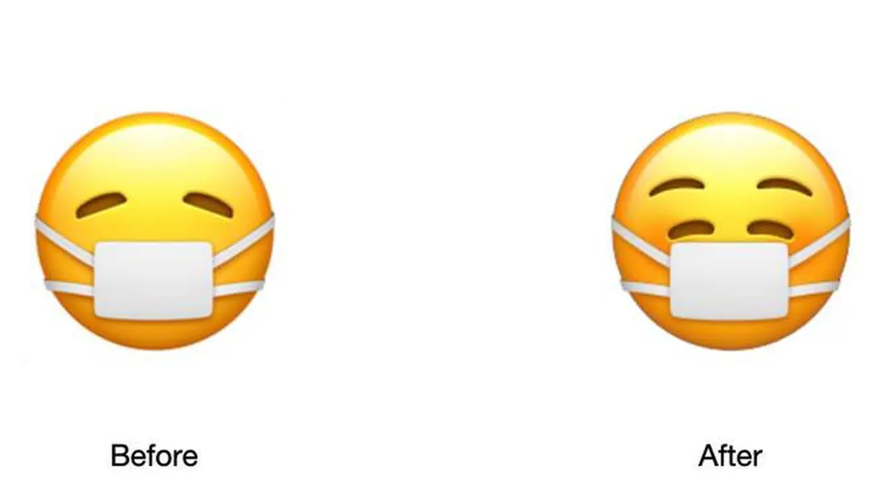 Emoji wajah dengan masker medis sebelum dan sesudah iOS 14.2 beta 2. Dok: Apple/Emojipedia