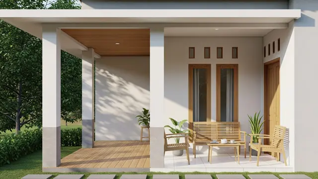 Desain Teras Sederhana Tanpa Terlihat Sempit, Cocok untuk Santai Sambil Ngeteh di Rumah Semi Pedesaan dengan Elemen Kayu Terbuka