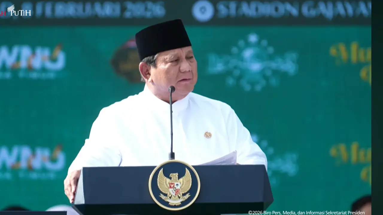 Presiden Prabowo Subianto saat acara Mujahadah Kubro 1 Abad NU. (Foto: tangkapan layar youtube Sekretariat Negara/Tira Santia)