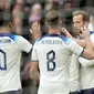 Para pemain Inggris merayakan gol Harry Kane ke gawang Ukraina dalam Kualifikasi Euro 2024 yang digelar di Stadion Wembley, Minggu (26/3/2023) waktu setempat.&nbsp;(AP Photo/Alastair Grant)