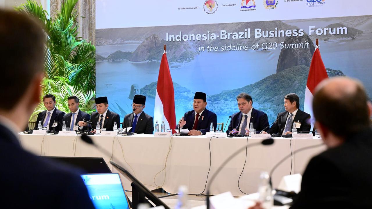 Acara 'Forum Bisnis Indonesia-Brasil Bersama Presiden RI Prabowo Subianto' digelar di sela-sela penyelenggaraan KTT G20, di Istana Copacabana, Rio De Janeiro, Brasil.