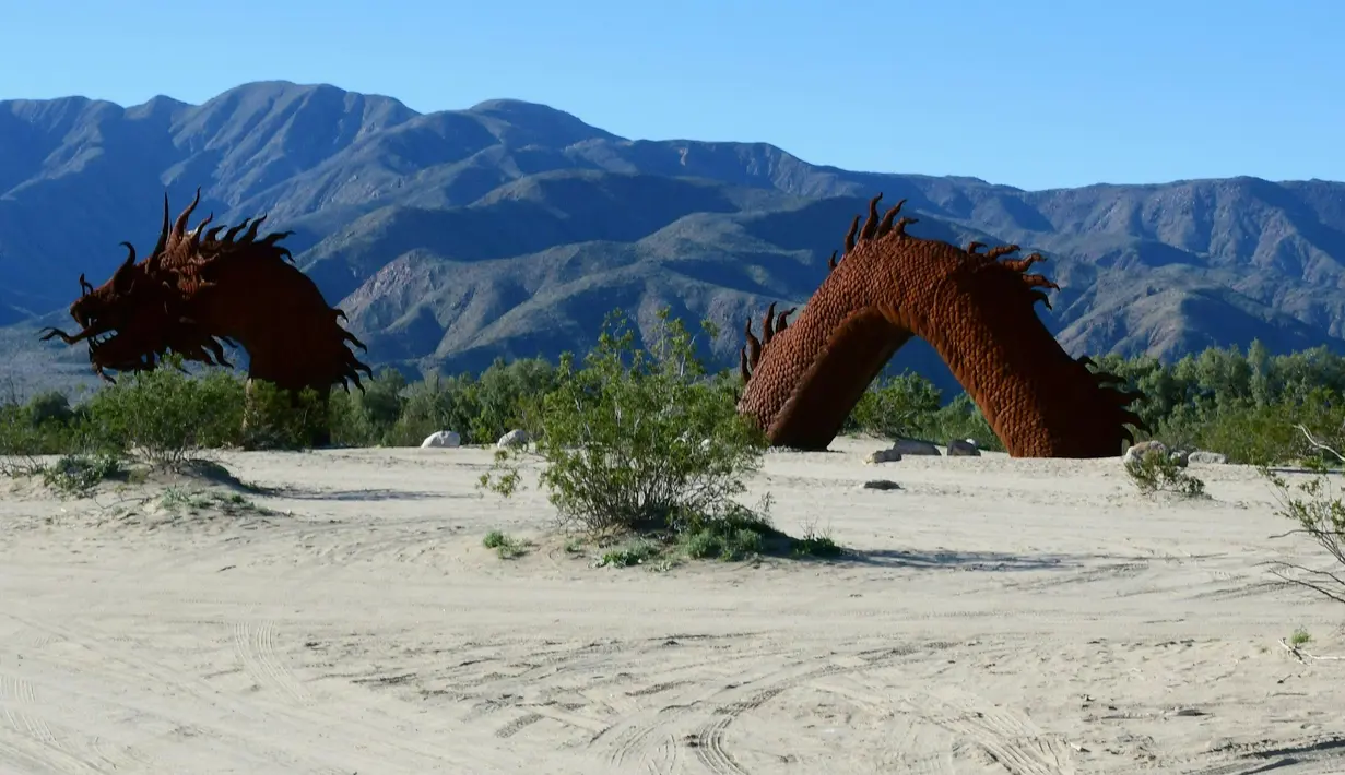Patung hewan mitos, Naga terlihat di gurun Anza Borrego di Borrego Springs, California, Rabu (1/3). Patung naga tersebut dibuat oleh seniman bernama Ricardo Breceda. (AFP PHOTO / Eva Hambach)