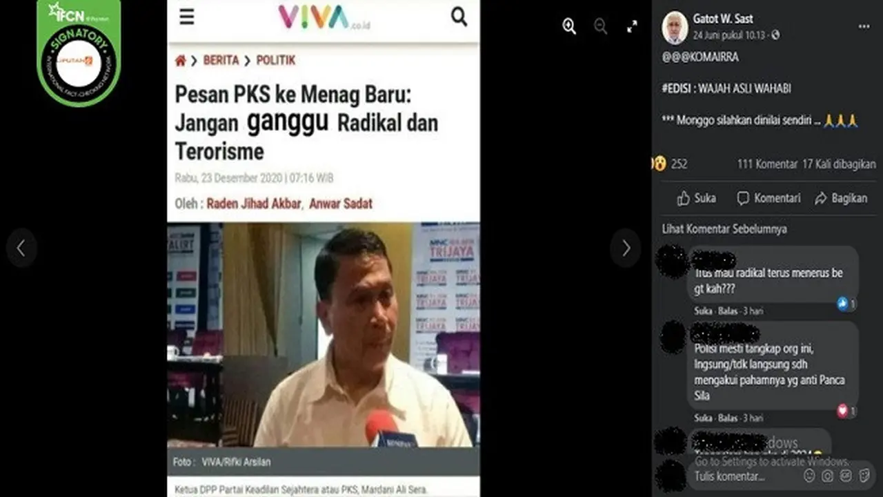 Gambar Tangkapan Layar Kabar PKS Berpesan kepada Menag Baru Agar Jangan Ganggu Radikal dan Terorisme (sumber: Facebook).