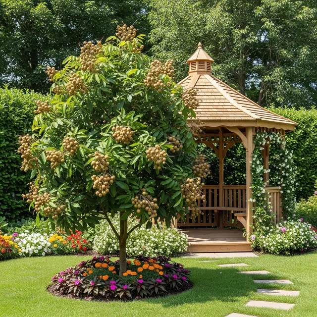 Pohon Buah Berakar Aman Dekat Gazebo (AI)