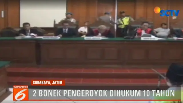 Majelis Hakim Pengadilan Negeri Surabaya memvonis terdakwa Mochammad Tiyok Dwi Septian dan Mochammad Ja'far Bin Hasyim hukuman 10 tahun penjara.
