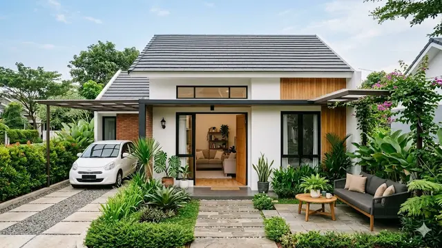 Contoh Rumah Kecil Type 36 dengan Halaman Depan dan Area Santai Keluarga