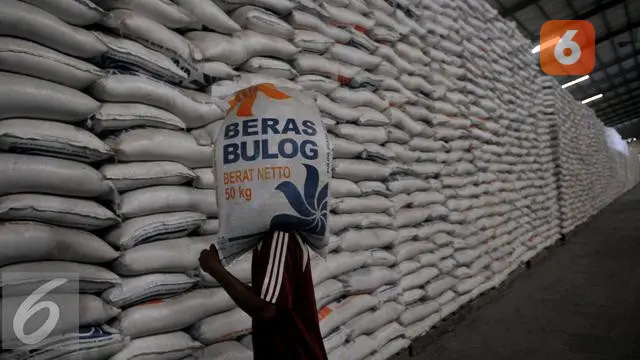 Pekerja memanggul karung Beras milik Badan Urusan Logistik (Bulog) di Gudang Bulog kawasan Kelapa Gading, Jakarta Utara, Selasa (7/6). Bulog memiliki stok beras sebanyak 2,1 juta ton. (Liputan6.com/Johan Tallo)