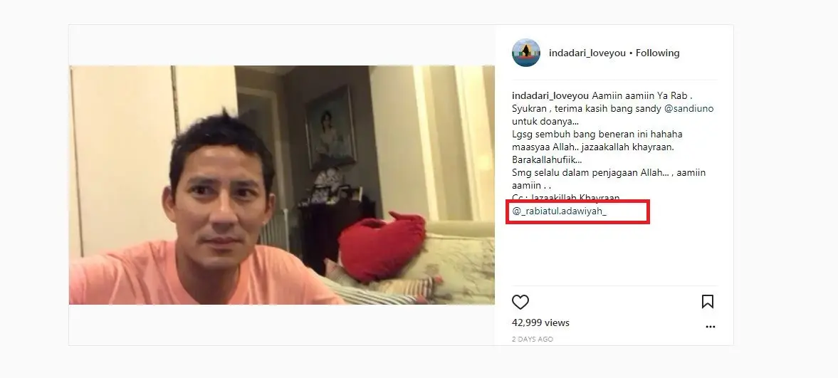 Indadari mencantumkan nama akun Instagram Umi Pipik yang ternyata adalah akun palsu [foto: instagram/indadari_loveyou]