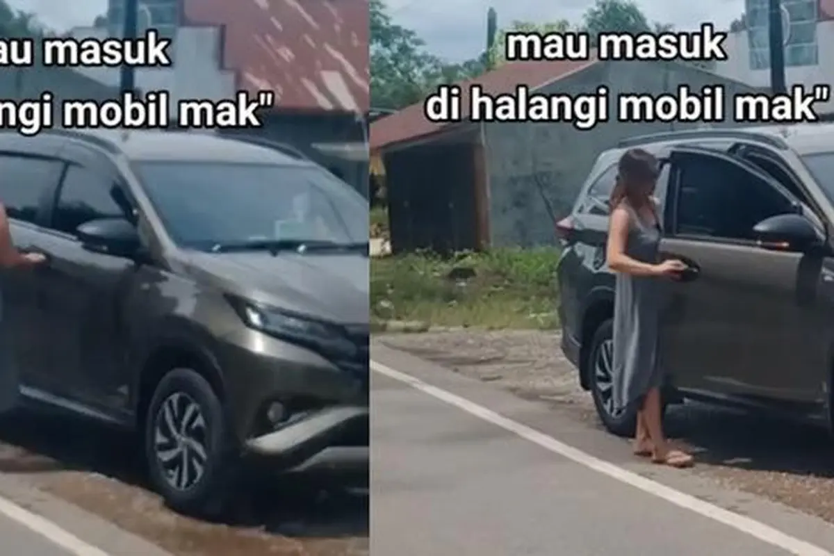 Emak-emak parkir mobil di tengah jalan (TikTok/@alvianoardan)