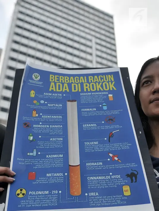 Mahasiswa Universitas Muhammadiyah Prof. Dr. Hamka membentangkan poster berisi kandungan racun dalam rokok saat menggelar kampanye hidup sehat di car free day (CFD), Jakarta, Minggu (8/4). (Merdeka.com/Iqbal Nugroho)