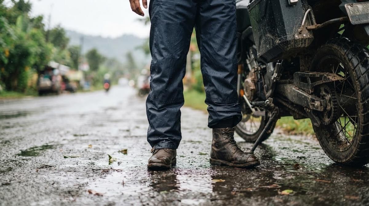 Ujung Celana Jas Hujan Membungkus Sepatu atau Boots