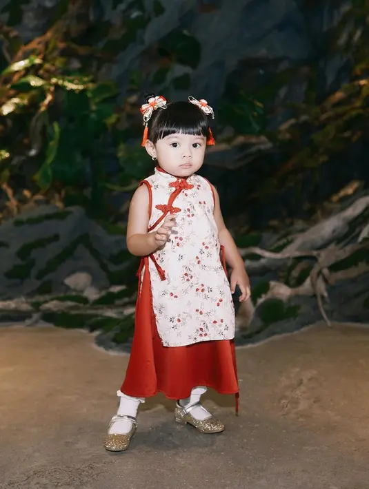 Cheongsam pilihan Ameena ini memiliki detail tanpa lengan dan pita yang diagonal. [Foto: Instagram/ameenaatta]