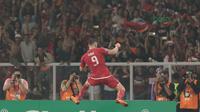 Ekspresi Pemain Persija Jakarta, Marko Simic usai membobol gawang Johor Darul Ta’zim pada laga Piala AFC 2018 di Stadion Utama Gelora Bung Karno, Jakarta, Selasa (10/4/2018). Persija Jakarta menang 4-0.  (Bola.com/Nick Hanoatubun)