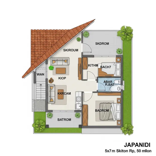Denah Rumah Japandi Sederhana Ukuran 5x7 Biaya 50 Juta Cocok di Desa (Image by Gemini AI)