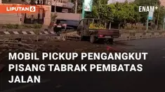 Kecelakaan lalu lintas di Jalan Pandanaran, Semarang, Minggu (29/9/2024) pagi hari. Sebuah mobil pickup yang mengangkut pisang menabrak pembatas jalan