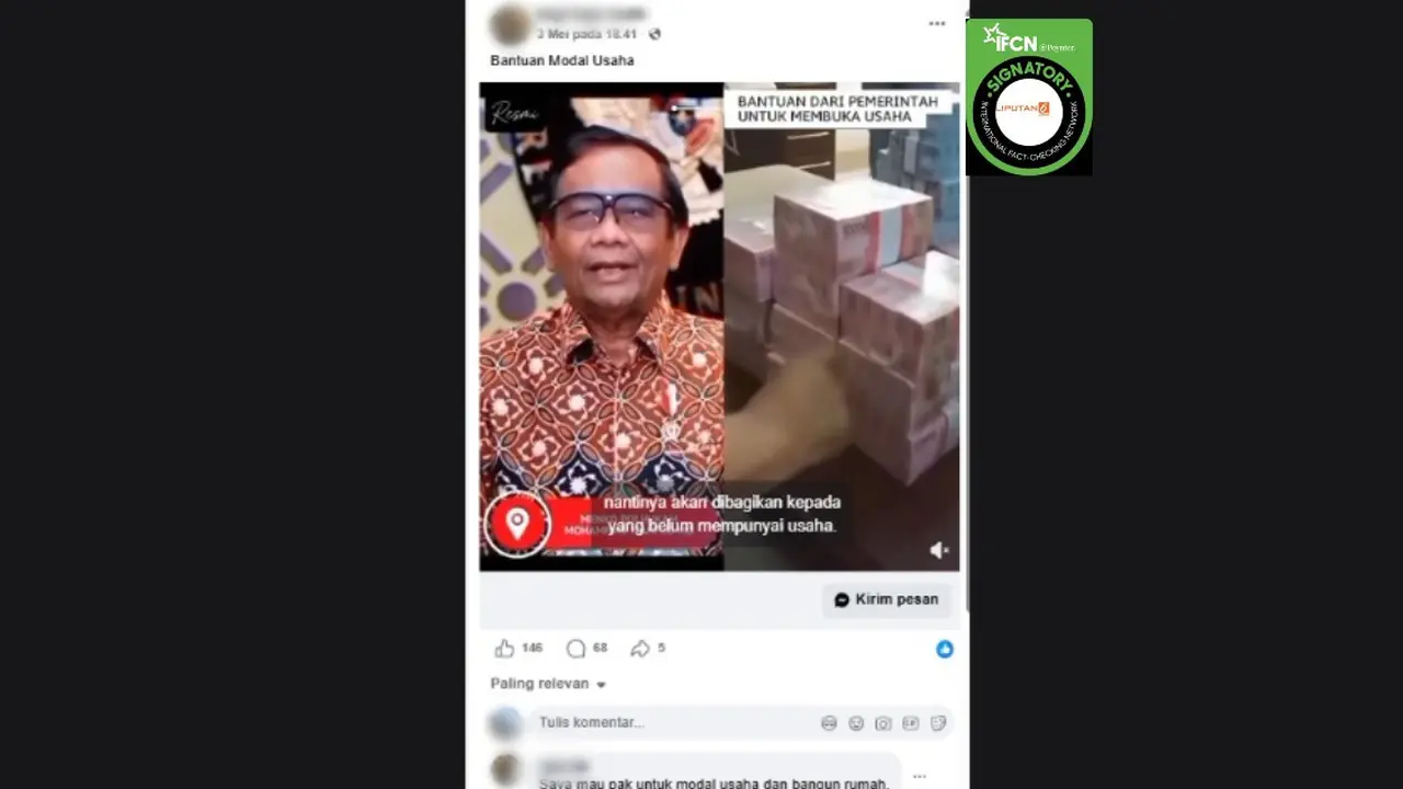 Cek Fakta Liputan6.com mendapati klaim video Mahfud Md mengumumkan dana bantuan modal usaha yang berasal dari rampasan aset koruptor.