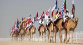 Parade unta dengan bendera saat Kontes Kecantikan Unta di Qatar Camel Mzayen Club, Ash-Shahaniyah, Qatar, 2 Desember 2022. Bersamaan dengan pesta sepak bola Piala Dunia 2022, Qatar juga menggelar Kontes Kecantikan Unta. (AP Photo/Alessandra Tarantino)