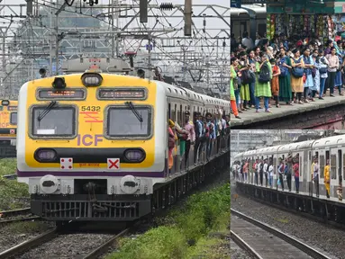 Foto kolase memperlihatkan kondisi transportasi kereta di Mumbai, India, Kamis (8/9/2022). Transportasi rel umumnya digunakan untuk transportasi jarak jauh di India. (Indranil MUKHERJEE/AFP)