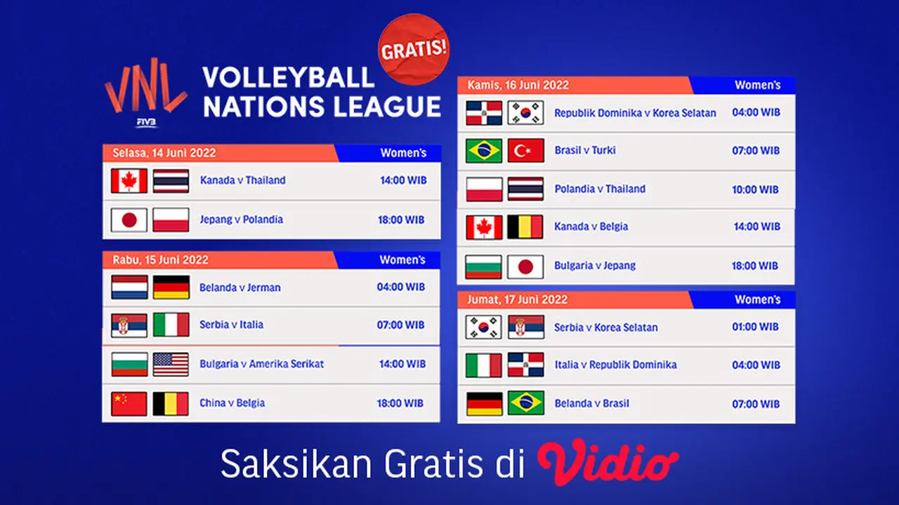 Nonton Keseruan Streaming Women’s VNL 2022 Live Vidio 15-17 Juni 2022
