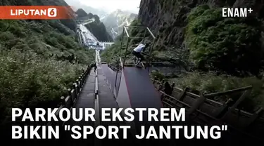 Lebih dari 70 atlet parkour asal China dan mancanegara berkompetisi di Taman Hutan Nasional Gunung Tianmen di Zhangjiajie, Provinsi Hunan, China tengah, pada akhir pekan lalu.