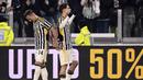 Pemain Juventus, Arkadiusz Milik (kiri) merayakan gol yang dicetak oleh Kenan Yildiz (kanan) pada babak perempat final Coppa Italia melawan Frosinone di Allianz Stadium, Juventus, Jumat (12/01/2024) dini hari WIB. Juventus menang dengan skor 4-0. (AP Photo/LaPresse/Fabio Ferrari)