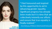 Direktur Eksekutif UN Women Phumzile Mlambo-Ngcuka menyebut Hathaway sebagai pendukung hak-hak perempuan dan anak perempuan sejak lama.