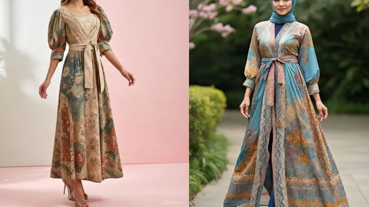 Ilustrasi Dress Batik Brokat Kimono Lengan Puff (Sumber Gambar: Meta AI)