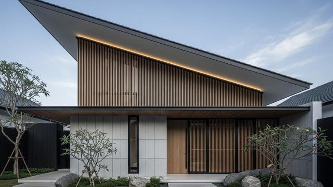 Japandi Monokrom dengan Atap Landai Tegas/Desain Rumah Japandi Atap Landai (Sumber: gemini.com)