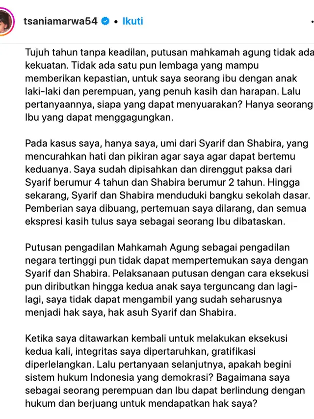 Unggahan Tsania Marwa. (Foto: Dok. Instagram @tsaniamarwa54)
