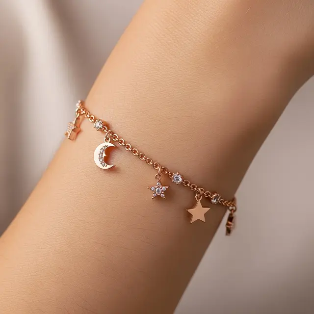 9 Model Gelang Emas Model Rolo Chain Kombinasi Liontin Bulan dan Bintang, Kilau Elegan