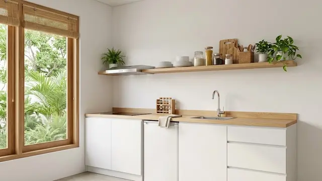 Dapur Linear Serba Putih dengan Aksen Kayu