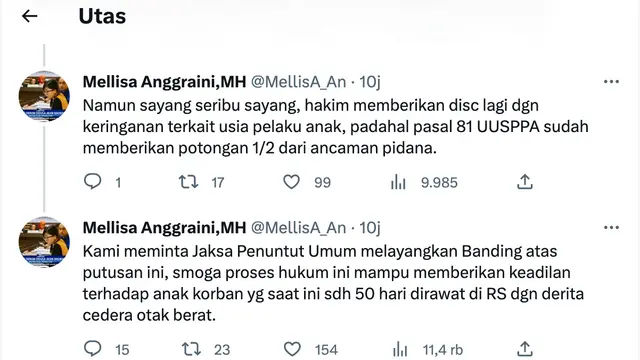 Cuitan pengacara David Ozora terkait vonis 3,5 tahun AG. (Foto: Dok. Twitter @MellisA_An)