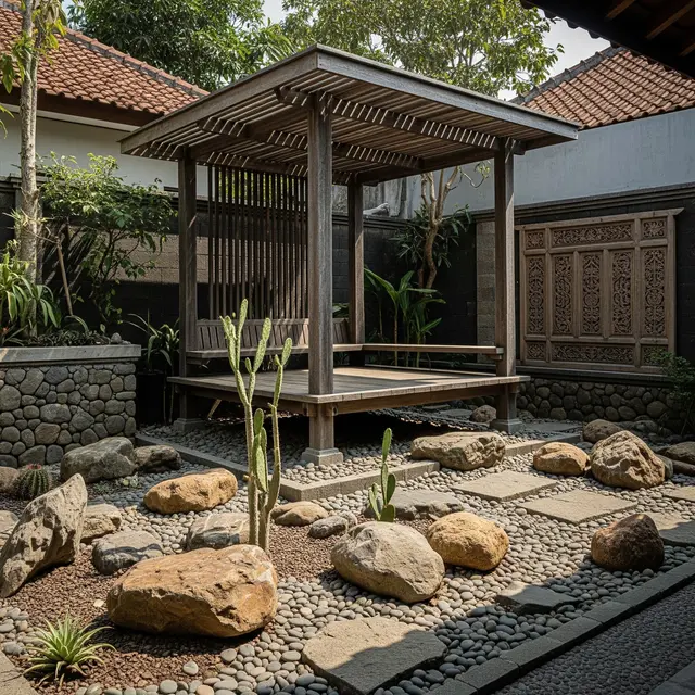 6 Ide Gazebo dengan Taman Kering, Paduan Estetika Alam dengan Perawatan Mudah