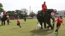 Siswa Ayutthaya Wittayalai School menendang bola selama pertandingan melawan gajah di Provinsi Ayutthaya, Thailand, Selasa (12/6). Acara ini juga sebagai kampanye mengurangi maraknya judi  selama kompetisi Piala Dunia berlangsung. (AP Photo/Sakchai Lalit)
