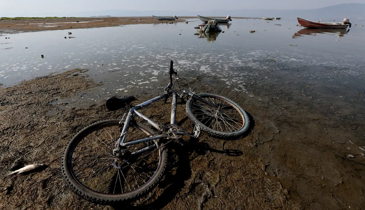Sebuah sepeda yang ditinggalkan terlihat 200 meter dari jalan setapak, di mana dulunya terdapat air di Danau Chapala, di Chapala, Negara Bagian Jalisco, Meksiko, pada 6 Juni 2024. (Ulises Ruiz / AFP)