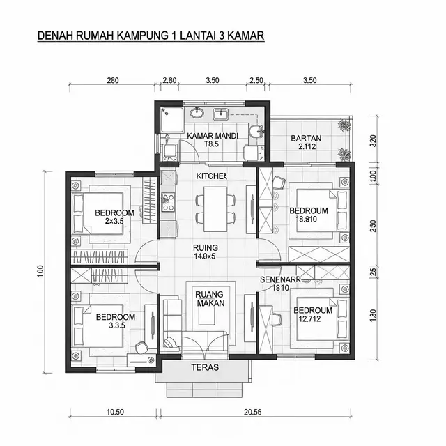 Denah Rumah Kampung 1 Lantai 3 Kamar (Image by Gemini AI)