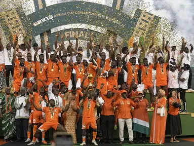 Pantai Gading menjuarai Piala Afrika 2023 setelah mengalahkan Nigeria dengan skor 2-1 pada laga final yang berlangsung di Alassane Ouattara Olympic Stadium, Ebimpe, Abidjan, Pantai Gading, Minggu (11/02/2024) waktu setempat. (AP Photo/Themba Hadebe)