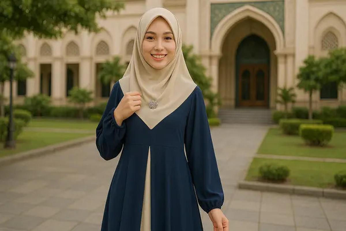 8 Pilihan Model Gamis Syari Polos Kombinasi 2 Warna Terbaru