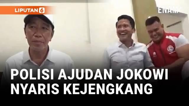 Kejadian tak terduga dialami Kompol Syarif Muhamad ajudan Presiden ke-7 Joko Widodo. Dia nyaris kejengkang saat menemani Jokowi saat melakukan wawancara.

Untung saja ada Mayor Windra Sanur dengan sigap menahan tubuh Syarif.
