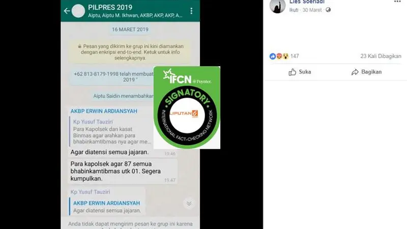 [Cek Fakta] Gambar Tangkapan Layar Percakapan Grup WA Sejumlah Anggota Polri yang Diduga Mengarahkan Dukungan ke Salah Satu Pasangan Capres-Cawapres