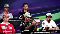 Pebalap Mercedes, Lewis Hamilton (memegang ponsel pintar), malah sibuk mengambil gambar pada sesi konferensi pers jelang F1 GP Jepang di Sirkuit Suzuka, Jepang, Kamis (6/10/2016). (Getty Images via AFP)