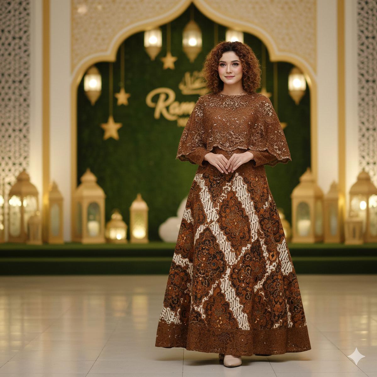 Gamis Batik Brokat dengan Aksen Cape atau Outer