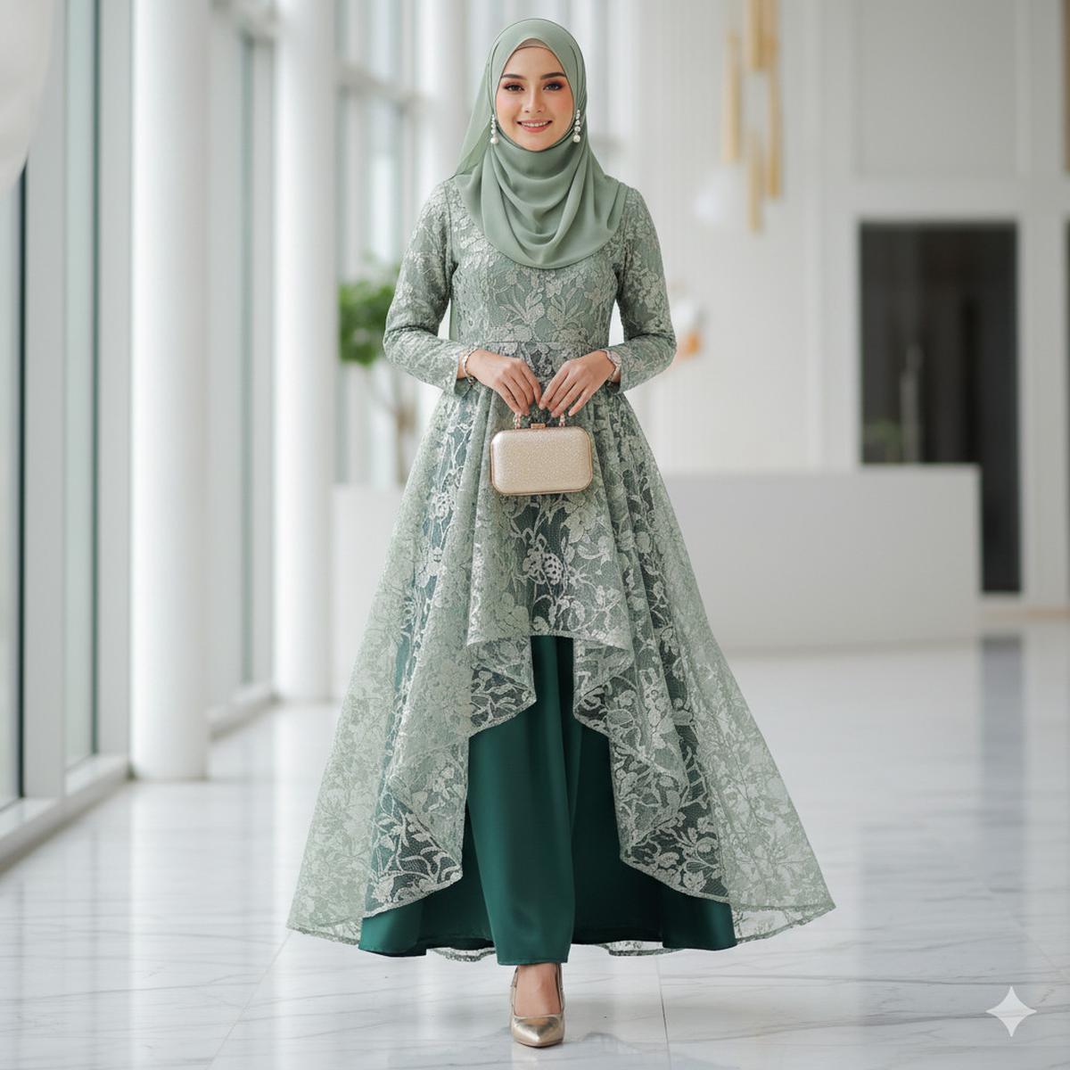 Ilustrasi Gamis Brokat Islami Warna Sage